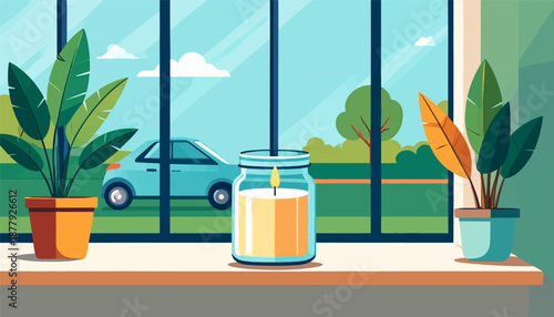 Cozy indoor scene with plants and lit candle, overlooking a tranquil outdoor view