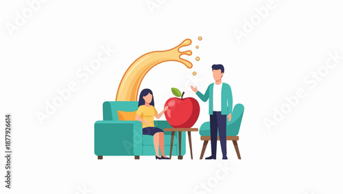 Couple enjoys fresh apple juice splash indoors