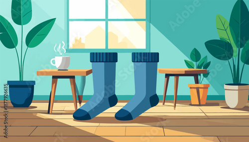 Cozy indoor scene with steaming coffee, houseplants, and blue socks