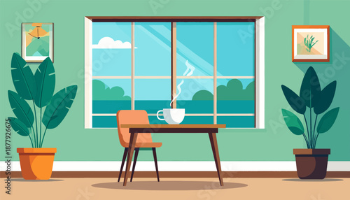 Cozy interior scene with a table, chair, cup of steaming coffee, and plants