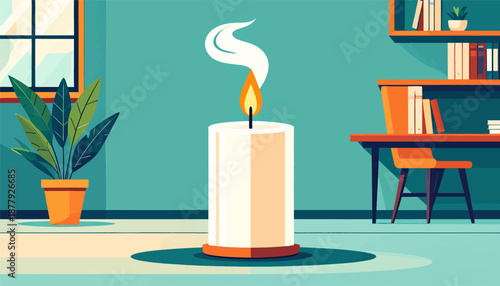 Cozy interior scene with a burning candle, plant, books, and a desk with a chair