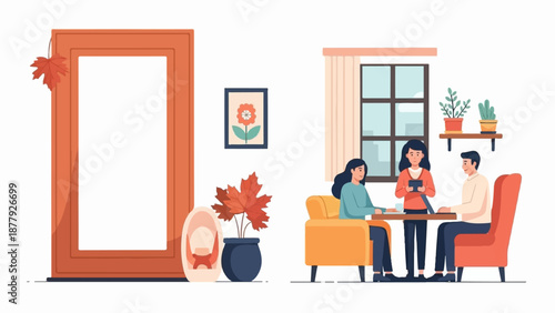 Cozy interior scene with people and autumn decor