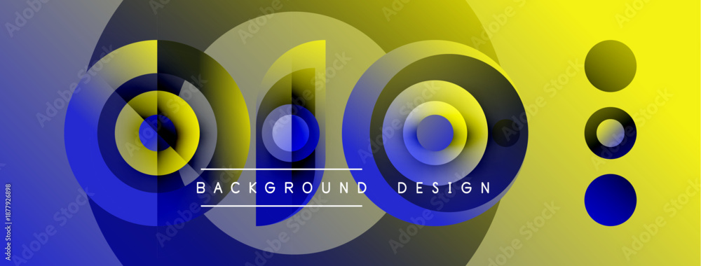 Obraz premium Abstract circles blend blue, yellow hues. Modern design features text, gradient effect. Minimalist composition creates dynamic visual impact.