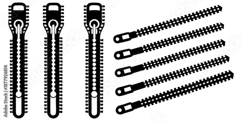 A collection of seven different zipper designs isolated on a solid black background. The zippers are rendered in a grayscale, almost monochromatic palette, using varying shades of gray to create depth