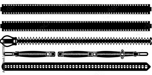 A collection of seven different zipper designs isolated on a solid black background. The zippers are rendered in a grayscale, almost monochromatic palette, using varying shades of gray to create depth