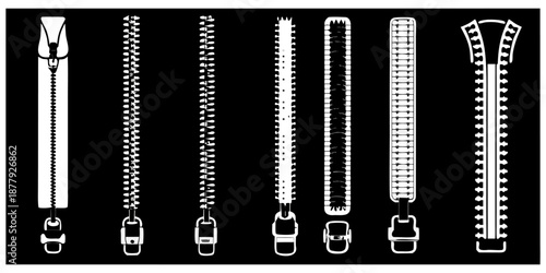 A collection of seven different zipper designs isolated on a solid black background. The zippers are rendered in a grayscale, almost monochromatic palette, using varying shades of gray to create depth