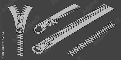 A collection of seven different zipper designs isolated on a solid black background. The zippers are rendered in a grayscale, almost monochromatic palette, using varying shades of gray to create depth