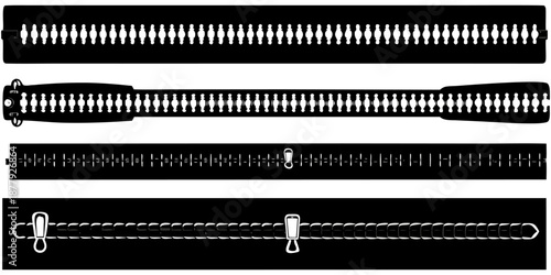 A collection of seven different zipper designs isolated on a solid black background. The zippers are rendered in a grayscale, almost monochromatic palette, using varying shades of gray to create depth