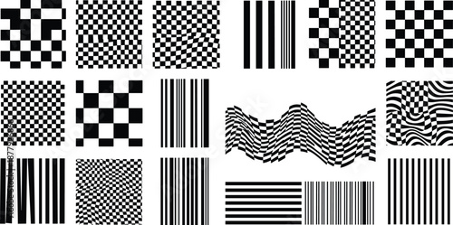  black-and-white optical illusion patterns using geometric shapes and distortions, representing visual perception, depth, and cognitive design for education and creativity