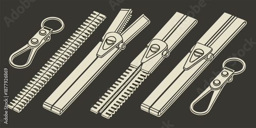 A collection of seven different zipper designs isolated on a solid black background. The zippers are rendered in a grayscale, almost monochromatic palette, using varying shades of gray to create depth