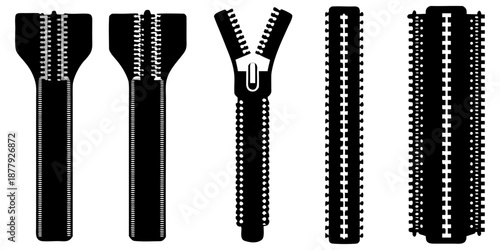 A collection of seven different zipper designs isolated on a solid black background. The zippers are rendered in a grayscale, almost monochromatic palette, using varying shades of gray to create depth
