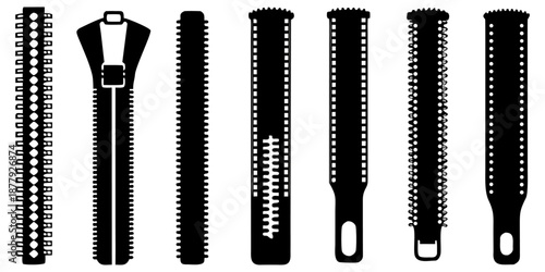 A collection of seven different zipper designs isolated on a solid black background. The zippers are rendered in a grayscale, almost monochromatic palette, using varying shades of gray to create depth