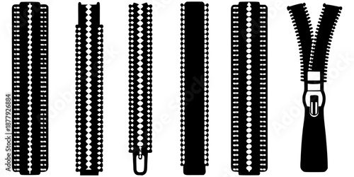 A collection of seven different zipper designs isolated on a solid black background. The zippers are rendered in a grayscale, almost monochromatic palette, using varying shades of gray to create depth