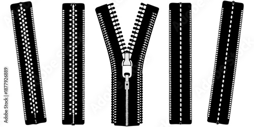 A collection of seven different zipper designs isolated on a solid black background. The zippers are rendered in a grayscale, almost monochromatic palette, using varying shades of gray to create depth