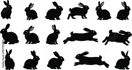 Rabbit silhouettes collection showing cute bunny poses sitting, jumping, and running isolated on white background for animal design concepts