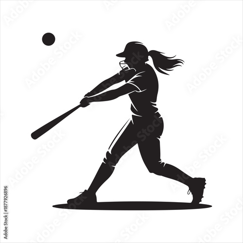 A woman swinging a baseball bat at an incoming ball