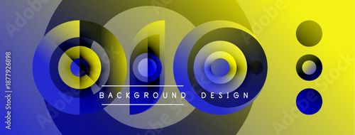 Abstract circles blend blue, yellow hues. Modern design features text, gradient effect. Minimalist composition creates dynamic visual impact.