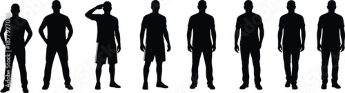 Male silhouettes lineup showing standing men in different poses isolated on white background for design and concept use