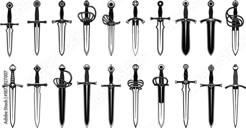 Medieval dagger and short sword silhouette collection arranged in rows, vintage weapon illustration set isolated on white background