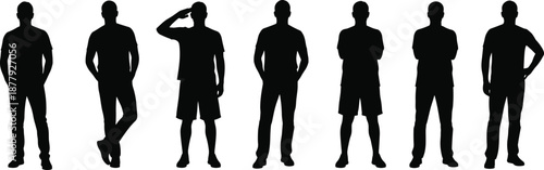 Male silhouettes lineup showing men standing in casual poses isolated on white background for design and presentation use