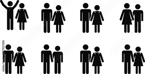 Male and female pictogram icon set showing couples and individuals standing together isolated on white background for signage and infographic design
