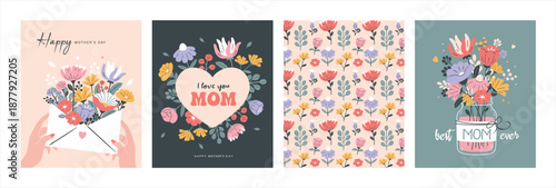 Set of Mother's day greeting cards with beautiful blossom flowers.

