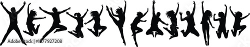 Group of people silhouettes jumping in the air with raised arms isolated on white background expressing joy, freedom, and celebration