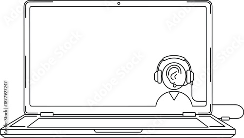 Customer support agent on laptop screen, online help desk service, headset operator, CAD drawing flat vector illustration, technical, minimal, outline