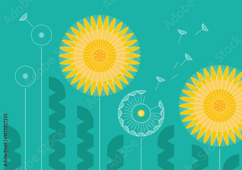 Illustration of the dandelions - spring flowers in modern geometric style