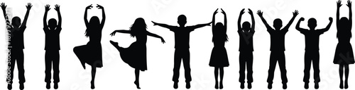 Group of children silhouettes jumping and dancing with raised arms isolated on white background representing joy, freedom, and childhood energy