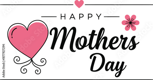 Happy Mothers Day greeting card design, heart floral typography composition, love celebration concept, minimal decorative style, CAD drawing flat vector illustration