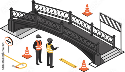 Engineers gathered on the new expressway bridge deck, discussing construction progress during a thorough inspection in bright daylight.