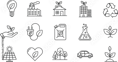 Eco friendly line icon set showing sustainability, renewable energy, recycling, green technology, and environmental protection concepts isolated on white background