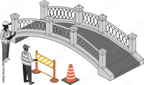 Engineers inspecting the expressway bridge construction, discussing progress on the deck in daylight, under clear skies.