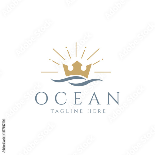 Sunset with Trident King Crown and Ocean Sea Wave Bird for Boat Ship logo design