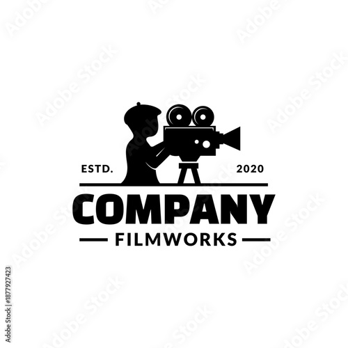 Vintage Video Camera Film, Casual Cameraman Silhouette for movie cinema studio production Logo design