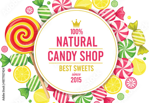 Natural Candy Shop Badge Design with Colorful Sweets, Lollipops, Wrapped Candies, and Vintage Label Style for Confectionery Branding and Packaging Projects