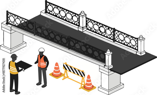 Engineers gathered on a new expressway bridge deck, discussing construction progress during a project inspection under bright daylight.