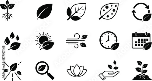 Eco friendly glyph icon set with leaves, recycling, renewable energy, nature care, and sustainability symbols isolated on white background