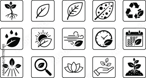 Eco friendly line icon set featuring leaves, recycling, sustainability, nature care, renewable energy, and environmental protection symbols isolated on white background