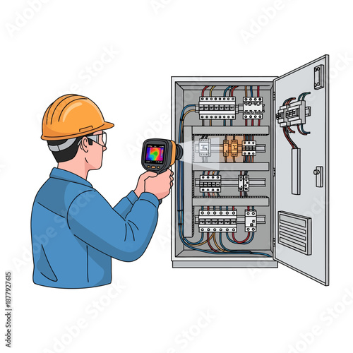 Technician using thermal imaging camera on electrical panel