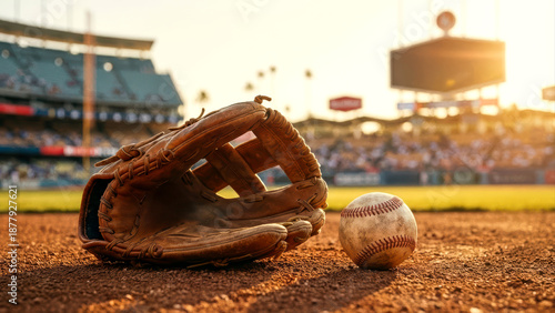 Baseball glove ball sit on baseball field at sunset capturing the spirit of the game