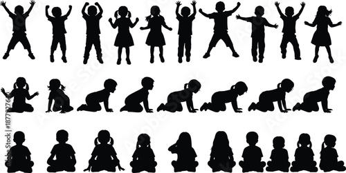 Children silhouette collection showing jumping crawling and sitting poses, playful kids development illustration set isolated on white background