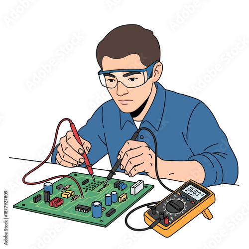 Technician testing electronic circuit board with multimeter in workshop