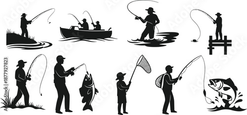 Fishing silhouettes, riverbank, dock, boat, child, leaping fish, rod, net, outdoor activity, cad drawing flat vector illustration, black and white style