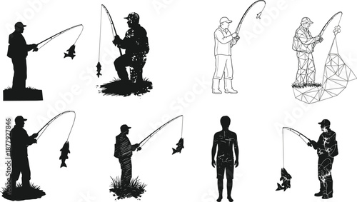 Fishing pose variations, silhouette, polygon, line art, rod, fish, outdoor theme, cad drawing flat vector illustration, black and white design