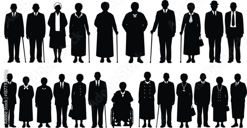 Elderly people silhouette set illustration showing senior men and women standing with canes and wheelchairs, aging population concept for healthcare, retirement, social care,
