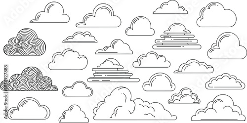 unique black cloud designs in various shapes and patterns, representing weather, atmosphere, creativity, and artistic inspiration for design and animation