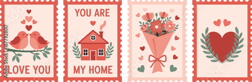 Set of Four Adorable Valentine's Day Themed Stamp Illustrations Featuring Love Birds, a Cozy House, a Flower Bouquet, and a Heart Garland