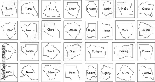 fictional map shapes with stylized territorial outlines and names, representing imaginary countries, creative geography, and educational design inspiration